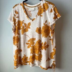 Cynthia Rowley Short Sleeve V-Neck Floral Linen T-shirt Large